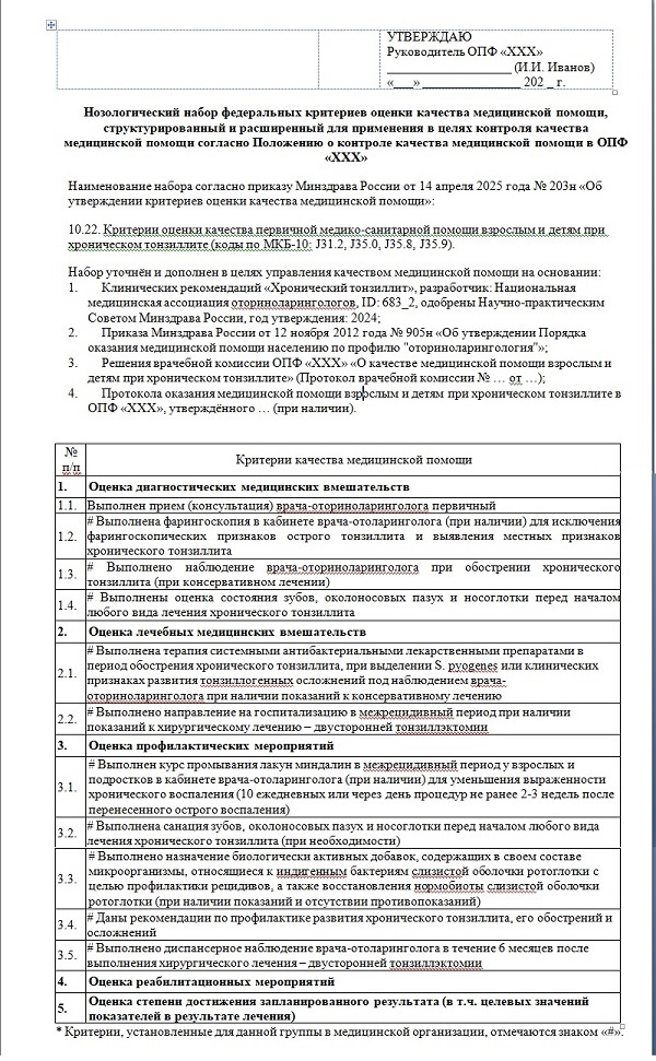 Рис.2. Расширенный на основе клинических рекомендаций структурированный набор федеральных критериев, п. 10.22. Критерии оценки качества первичной медико-санитарной помощи взрослым и детям при хроническом тонзиллите (коды по МКБ-10: J31.2, J35.0, J35.8, J35.9).