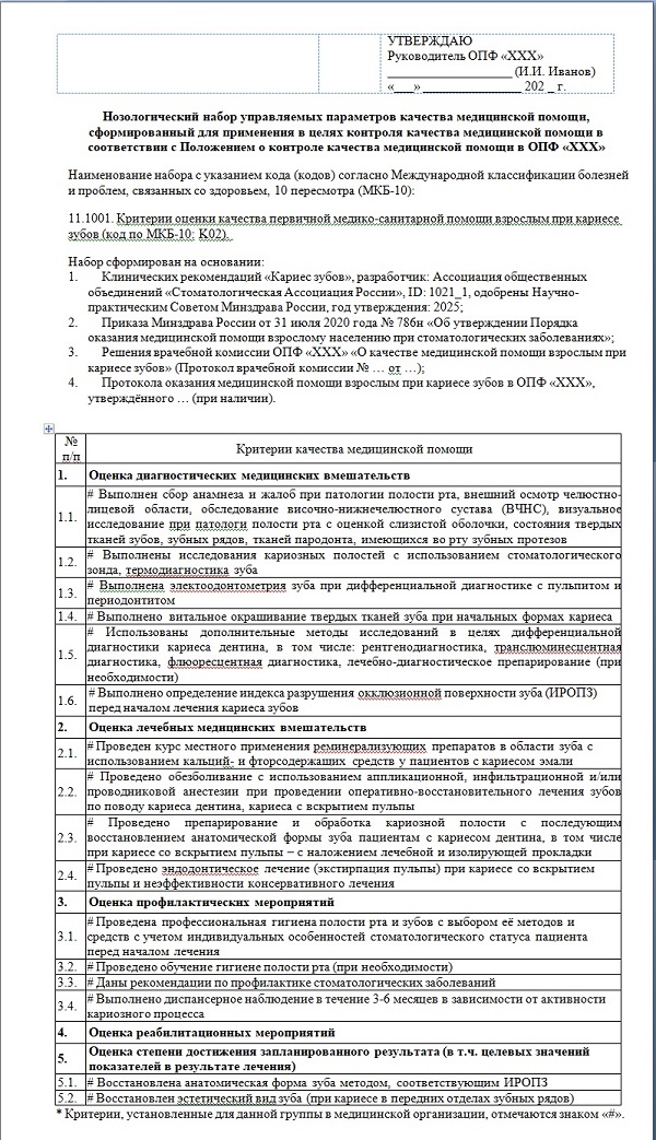 Рис.1. Пример собственного набора критериев оценки (управляемых параметров) качества медицинской помощи: п. 11.1001. Критерии оценки качества первичной медико-санитарной помощи взрослым при кариесе зубов (код по МКБ-10: K02).